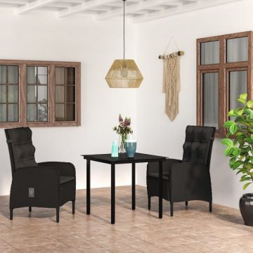 Set mobilier de grădină, cu perne, 3 piese, negru
