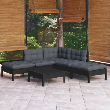 Set mobilier de grădină cu perne, 6 piese, negru, lemn de pin