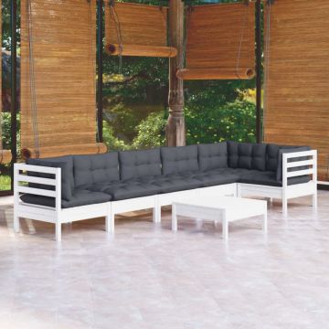 Set mobilier de grădină cu perne, 7 piese, alb, lemn de pin