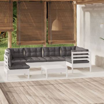 Set mobilier de grădină cu perne, 7 piese, alb, lemn de pin