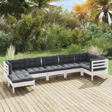 Set mobilier de grădină cu perne, 7 piese, alb, lemn masiv pin