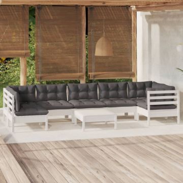 Set mobilier de grădină cu perne, 8 piese, alb, lemn de pin