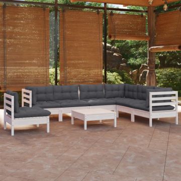 Set mobilier de grădină cu perne, 8 piese, alb, lemn masiv pin