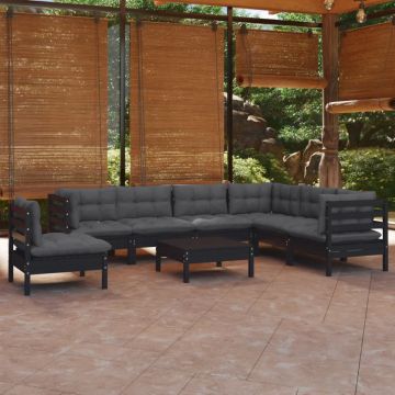 Set mobilier de grădină cu perne 8 piese negru lemn masiv pin