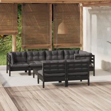 Set mobilier de grădină cu perne 8 piese negru lemn masiv pin