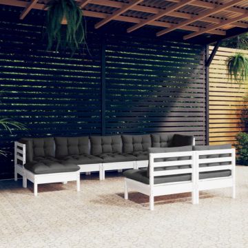 Set mobilier de grădină cu perne, 9 piese, alb, lemn de pin