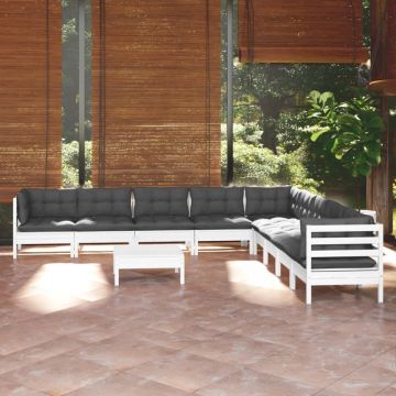 Set mobilier grădină cu perne, 10 piese, alb, lemn masiv pin