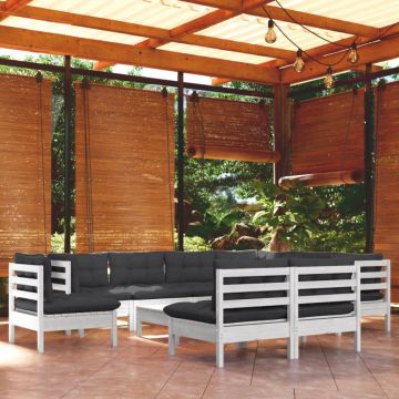 Set mobilier grădină cu perne, 10 piese, alb, lemn masiv pin