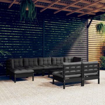 Set mobilier grădină cu perne, 10 piese, negru, lemn de pin