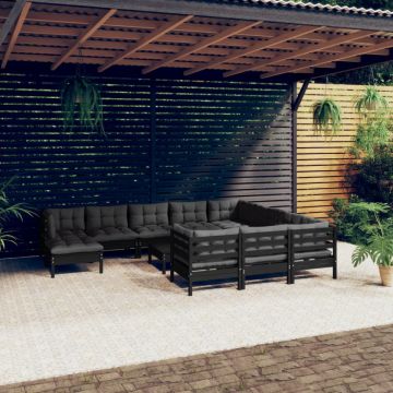 Set mobilier grădină cu perne, 12 piese, negru, lemn de pin