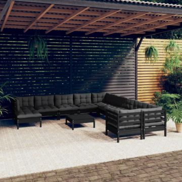 Set mobilier grădină cu perne, 12 piese, negru, lemn de pin