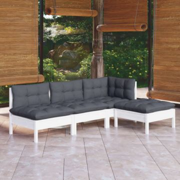 Set mobilier grădină cu perne, 4 piese, alb, lemn de pin
