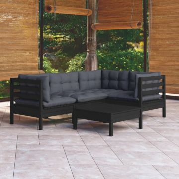 Set mobilier grădină cu perne, 5 piese, negru, lemn de pin