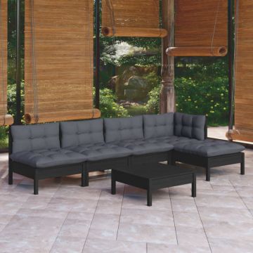 Set mobilier grădină cu perne, 6 piese, negru, lemn de pin