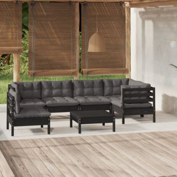 Set mobilier grădină cu perne, 7 piese, negru, lemn de pin