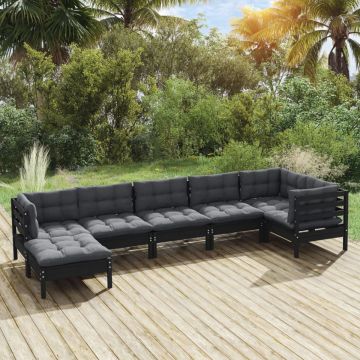 Set mobilier grădină cu perne, 7 piese, negru, lemn masiv pin