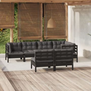 Set mobilier grădină cu perne, 7 piese, negru, lemn masiv pin
