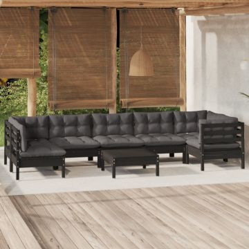 Set mobilier grădină cu perne, 8 piese, negru, lemn masiv pin
