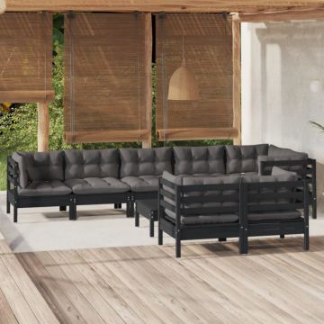 Set mobilier grădină cu perne, 9 piese, negru, lemn masiv pin
