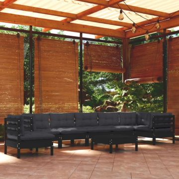 Set mobilier grădină cu perne, 9 piese, negru, lemn masiv pin