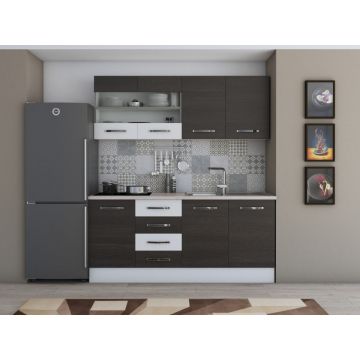 Bucatarie Alfa 180, Cu vitrina, Wenge/Alb, Blat termic travertin