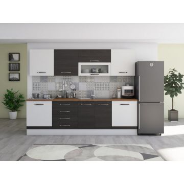 Bucatarie Alfa 260, Cu vitrina, Wenge/Alb, Blat termic nuc