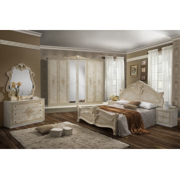 Dormitor Amalfi, bej, pat 160x200 cm, dulap cu 6 usi, comoda, 2 noptiere