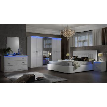 Dormitor New Gemma, alb, pat 160x200 cm, dulap cu 6 usi, 2 noptiere, comoda