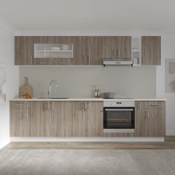 Set Bucatarie Karo V25, Stejar Sonoma Inchis/Alb, Blat Thermo 28 mm, L 300 cm