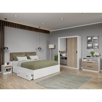 Set mobila dormitor Cedric Alb/Natur cu oglinda C08
