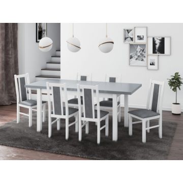 Set masa extensibila 140x180cm cu 6 scaune tapitate, mb-21 modena1 si s-38 boss14 b24z, alb/grafit, lemn masiv de fag, stofa