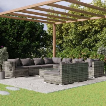 Set mobilier de grădină cu perne, 10 piese, gri, poliratan