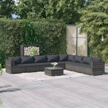 Set mobilier de grădină cu perne, 9 piese, gri, poliratan