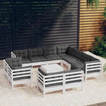 Set mobilier grădină cu perne, 12 piese, alb, lemn masiv pin