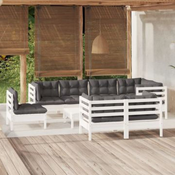 Set mobilier grădină cu perne, 9 piese, alb, lemn masiv pin