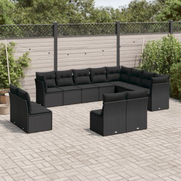 Set canapele de grădină, 12 piese, cu perne, negru, poliratan