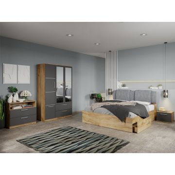 Set dormitor complet Stejar Auriu-Gri cu comoda - Acapulco - C64 Set dormitor complet Stejar Auriu-Gri cu comoda - Acapulco - C64