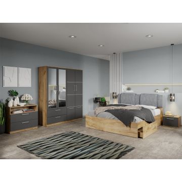 Set dormitor complet Stejar Auriu-Gri cu comoda - Acapulco - C68 Set dormitor complet Stejar Auriu-Gri cu comoda - Acapulco - C68