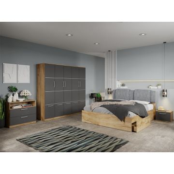 Set dormitor complet Stejar Auriu-Gri cu comoda - Acapulco - C70 Set dormitor complet Stejar Auriu-Gri cu comoda - Acapulco - C70