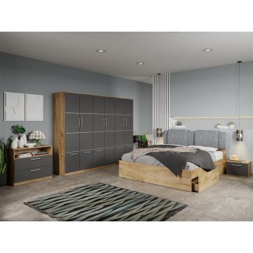 Set dormitor complet Stejar Auriu-Gri cu comoda - Acapulco - C74 Set dormitor complet Stejar Auriu-Gri cu comoda - Acapulco - C74