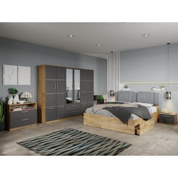 Set dormitor complet Stejar Auriu-Gri cu comoda - Acapulco - C76 Set dormitor complet Stejar Auriu-Gri cu comoda - Acapulco - C76