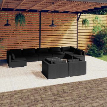 Set mobilier de grădină cu perne, 10 piese, negru, poliratan