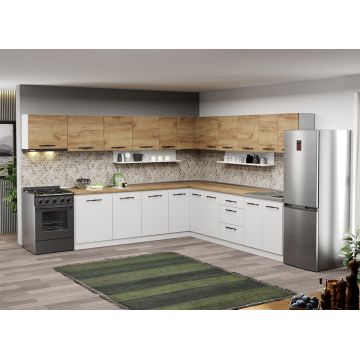Mobila Bucatarie pe colt alba cu lemn Aroma - 45- 320x280 cm