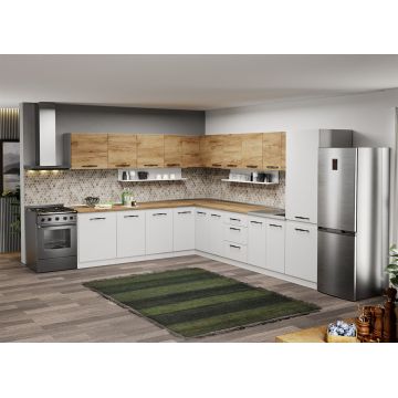 Mobila Bucatarie pe colt alba cu lemn Aroma - 47 - 260x340 cm