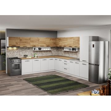 Mobila Bucatarie pe colt alba cu lemn Aroma - 48 - 320x340 cm
