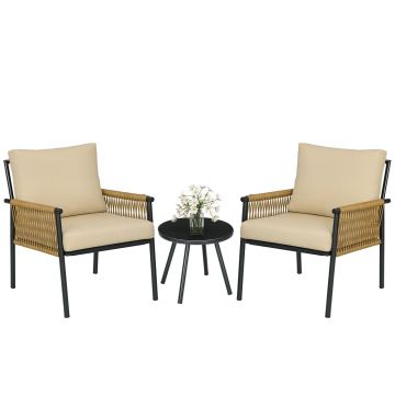 Outsunny Set Mobilier Terasă 3 Piese din Răchită, Set Exterior Bistro cu Perne Moi și Spătar, Ideal pentru Relaxare | Aosom Romania
