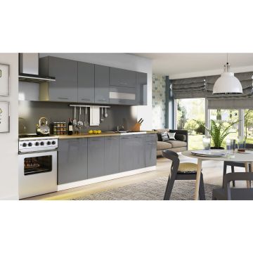 Bucatarie Tiffany 260 cm, MDF, Alb/Gri Lucios