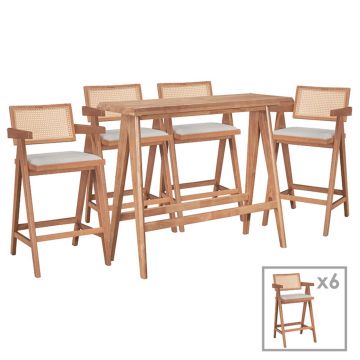 Set masa de bar si 6 scaune Winslow v2, Pakoworld, 120x45x100 cm, lemn de cauciuc/textil, maro deschis