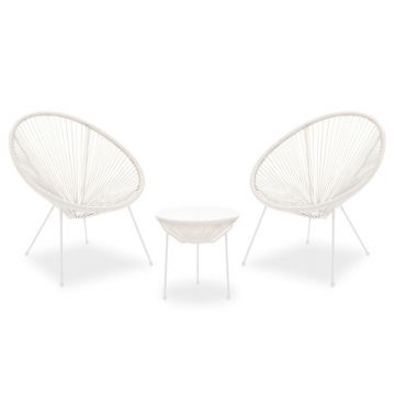 Set mobilier de gradina 3 piese Acapulco, Pakoworld, masa cu 2 scaune, 72x77x85 cm, ratan sintetic/metal/sticla, alb
