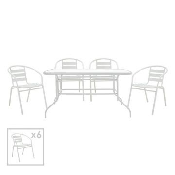 Set mobilier de gradina 7 piese Valor-Tade, Pakoworld, masa si 6 scaune, 140x80x70 cm, metal/sticla, alb